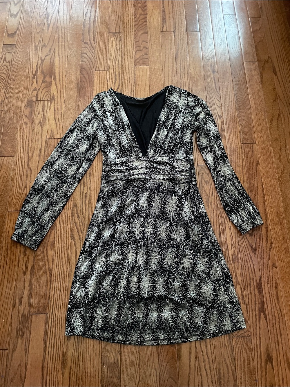 Antik Batik Black Gold Print Long Sleeve Cocktail Dress Women’s Sz Small